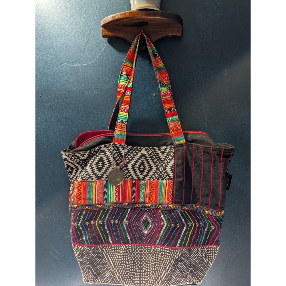 Catori Sun 'N' Sand Boho Tote Bag Black White Geometric Woven Handbag Coin Charm